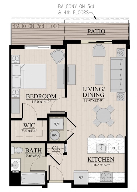Floor plan for 1 bed, 1 bath, 680 sqft